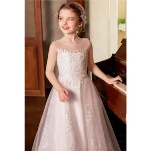 First Communion Flower girl Junior Bridesmaid white floral tulle dress Sz 9y